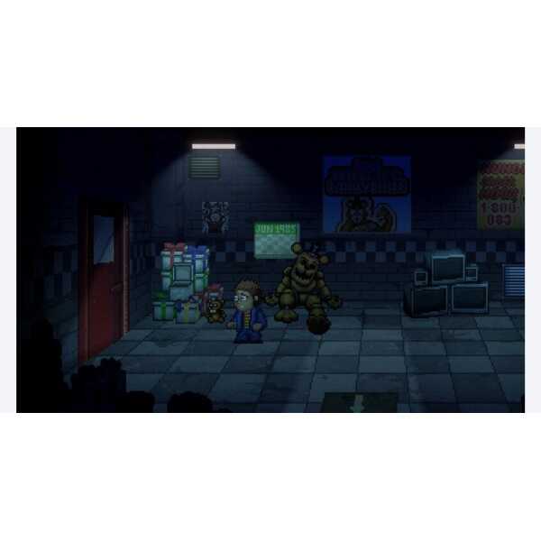 A pixel art scene featuring a character with a small pet, a large creature, and gaming equipment in.