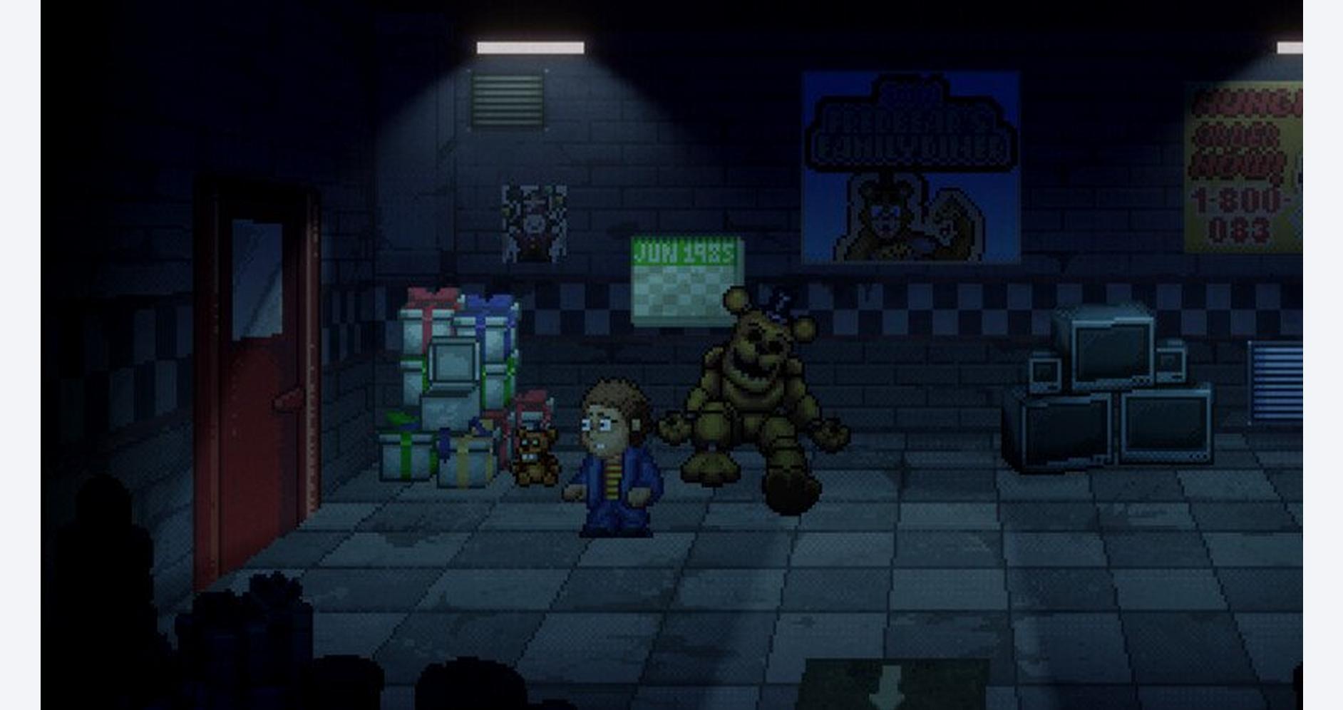 A pixel art scene featuring a character with a small pet, a large creature, and gaming equipment in.
