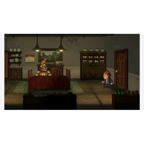 A pixel art scene featuring a character confronting Freddy Fazbear from Five Nights at Freddy's in a.