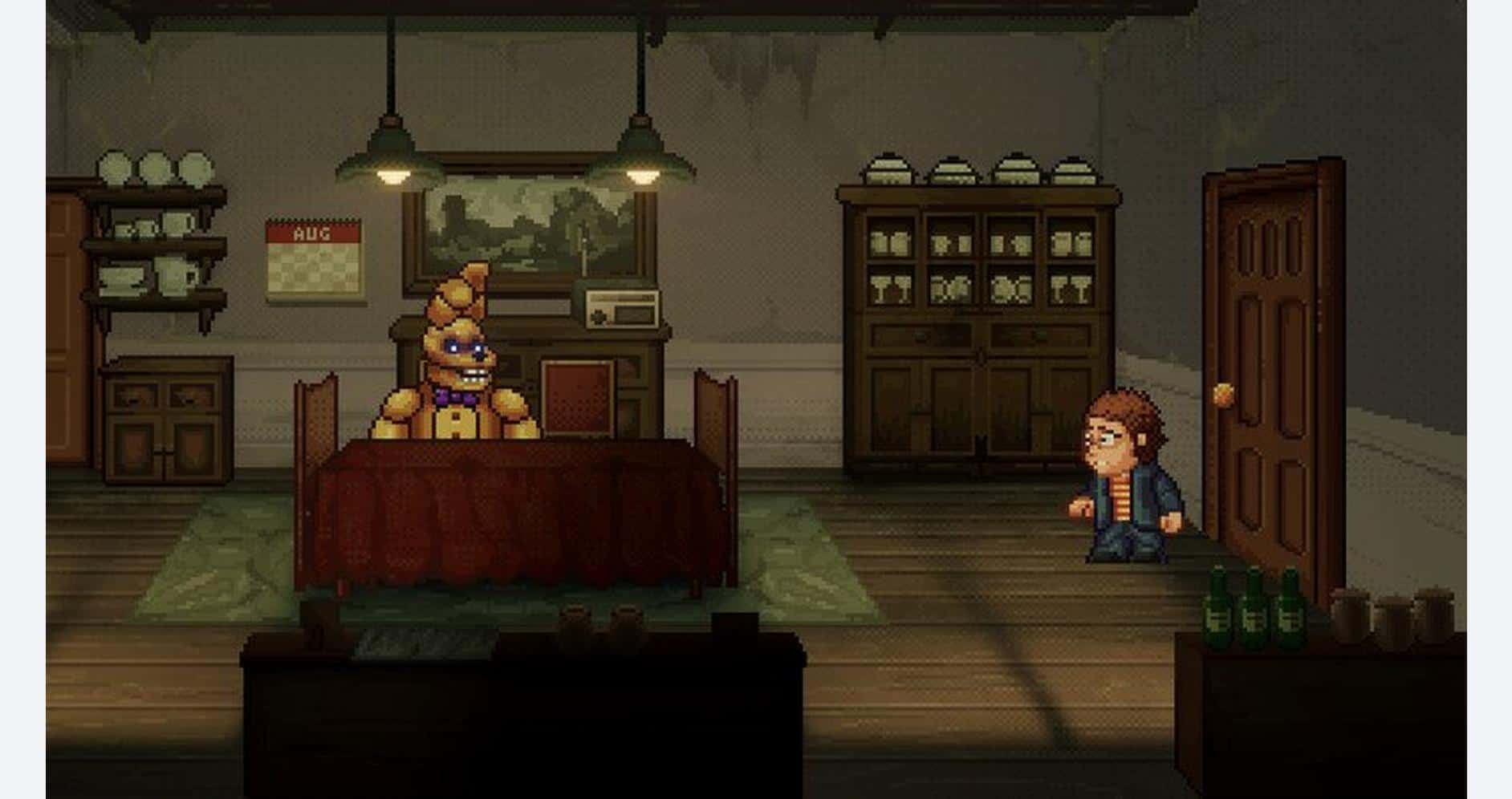 A pixel art scene featuring a character confronting Freddy Fazbear from Five Nights at Freddy's in a.