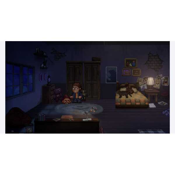 Pixel art bedroom scene with a girl, dog, and gaming setup in a cozy, dimly lit room.