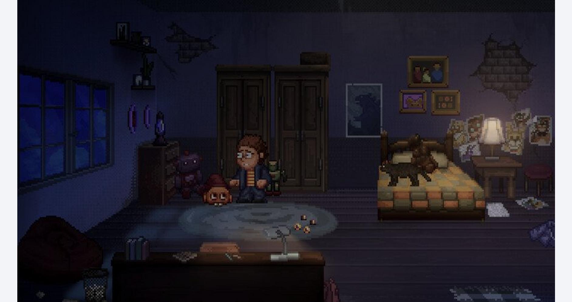 Pixel art bedroom scene with a girl, dog, and gaming setup in a cozy, dimly lit room.