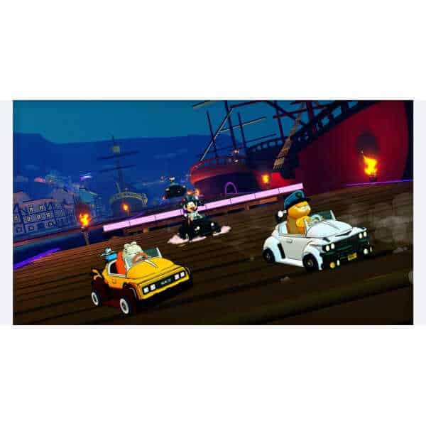 Drifting action in Garfield Kart 2 with colorful cartoon characters racing on a wooden track.