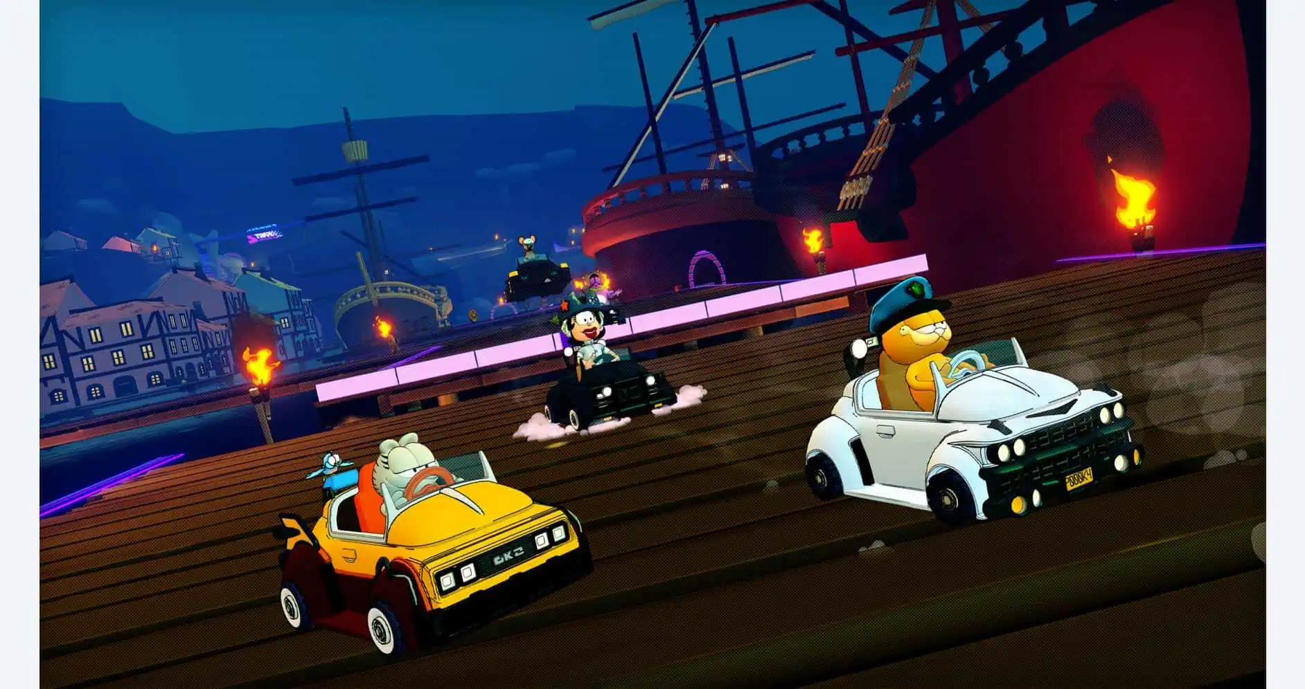 Drifting action in Garfield Kart 2 with colorful cartoon characters racing on a wooden track.