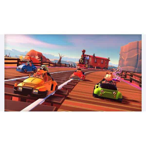 Garfield Kart 2 racing game with characters drifting on wooden tracks.
