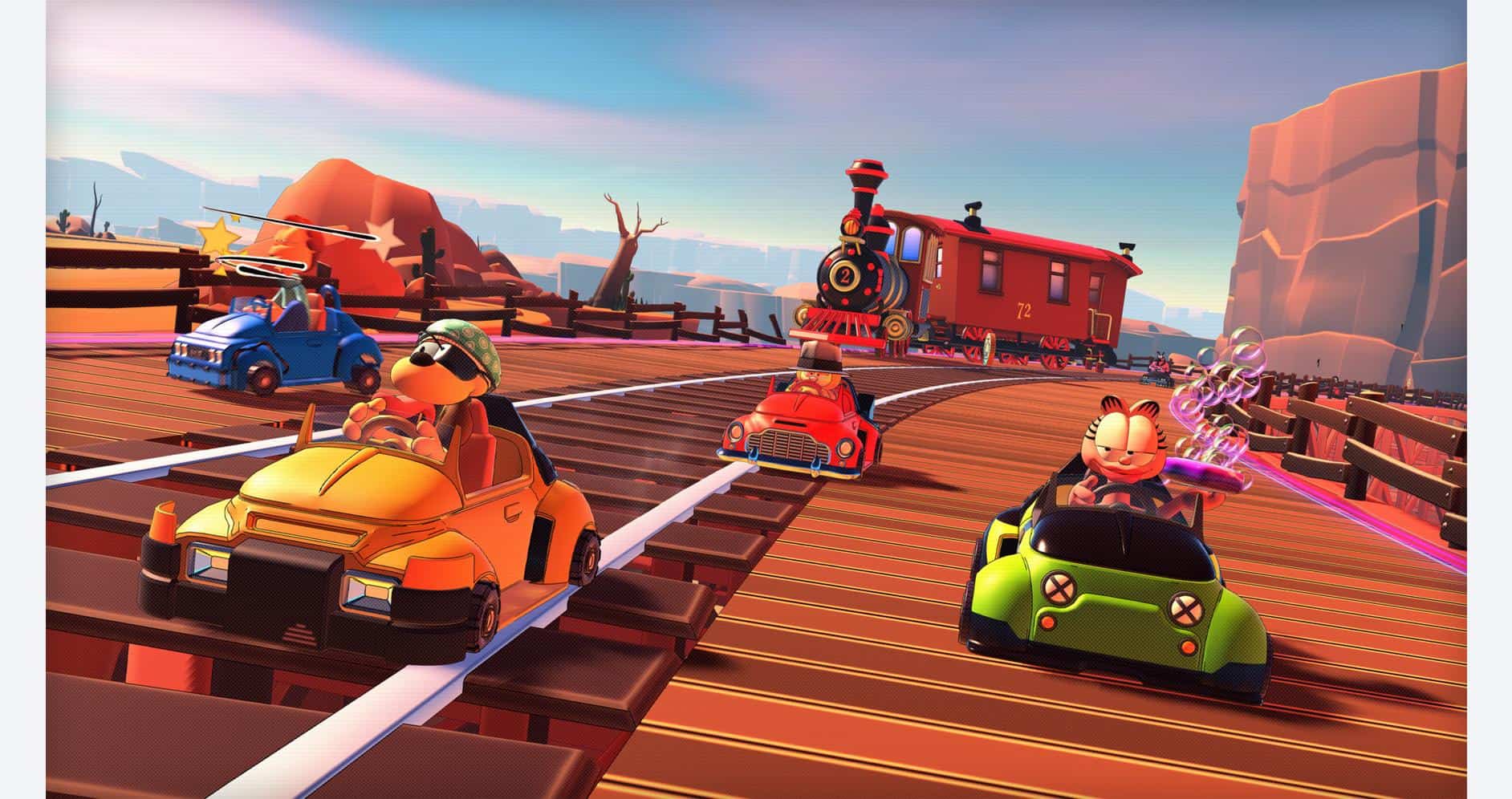 Garfield Kart 2 racing game with characters drifting on wooden tracks.