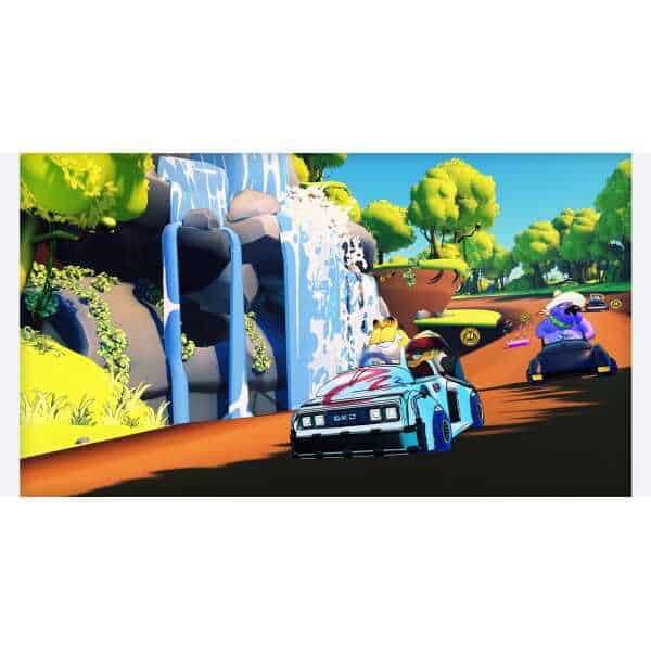 Garfield Kart 2 racing game with colorful cars on a scenic track.