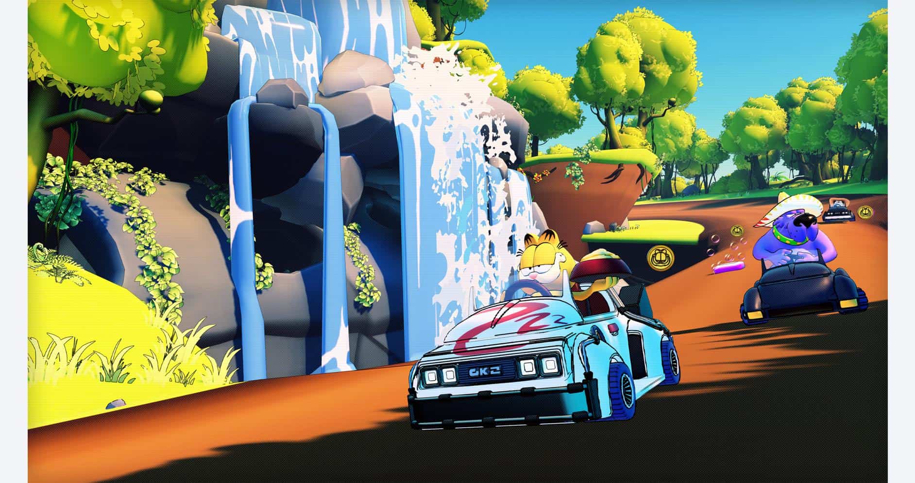 Garfield Kart 2 racing game with colorful cars on a scenic track.