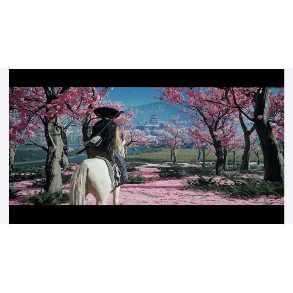 A warrior riding a horse through a landscape of blooming cherry trees.