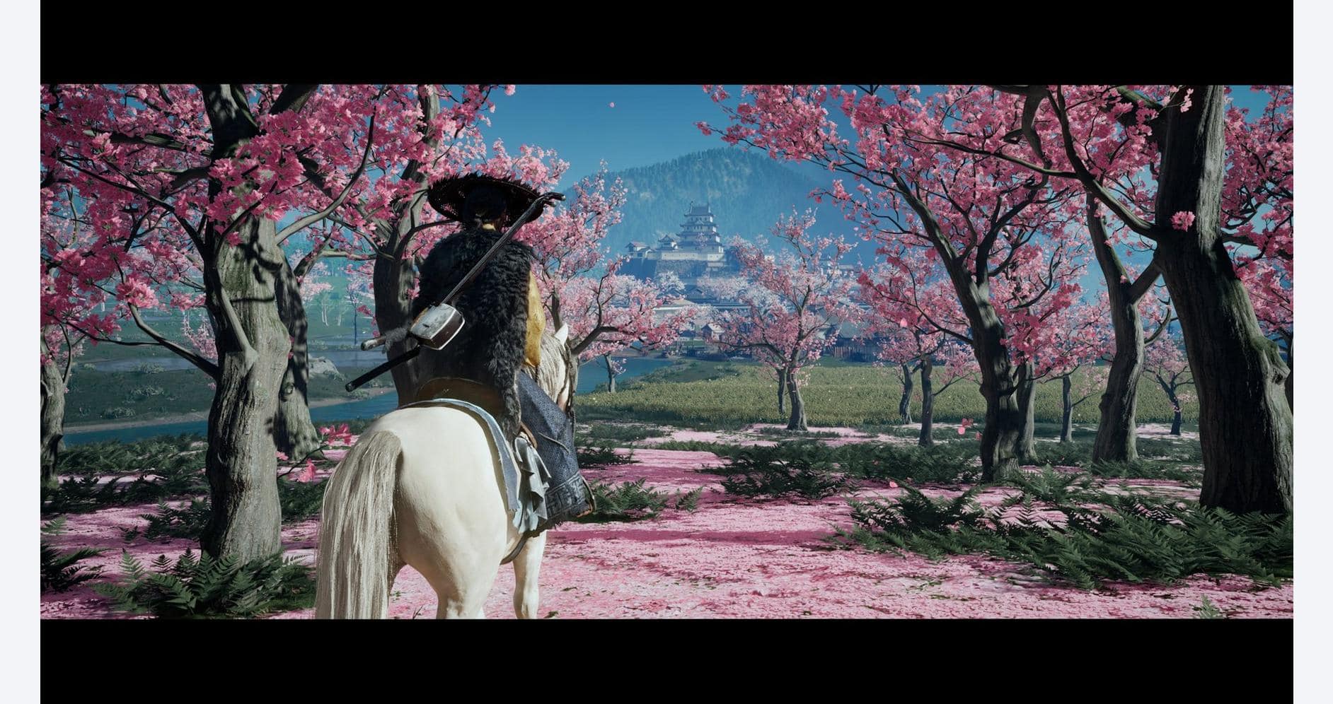 A warrior riding a horse through a landscape of blooming cherry trees.