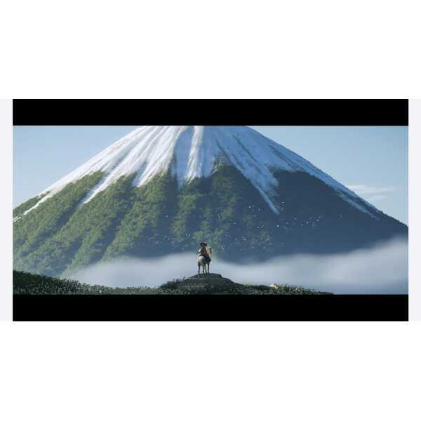 Majestic horse overlooking Mount Yotei with snow-capped peak in background.