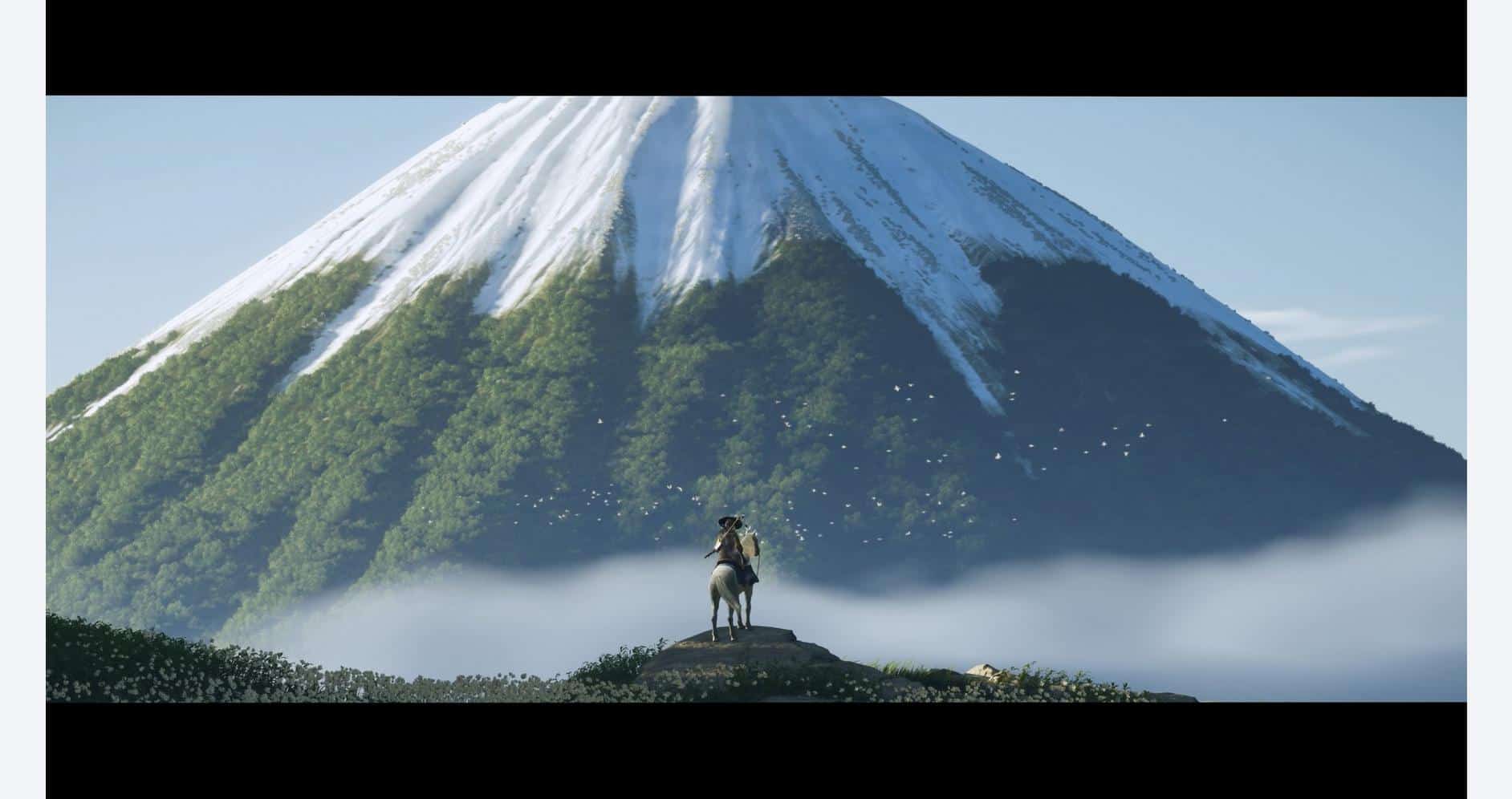 Majestic horse overlooking Mount Yotei with snow-capped peak in background.