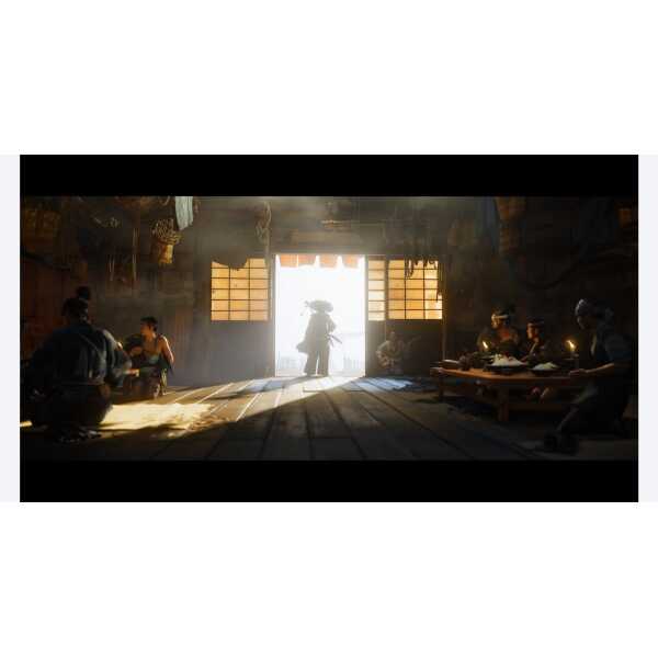 Ghost of Yotei standing in doorway with backlit glow, surrounded by samurai and villagers in a histo.