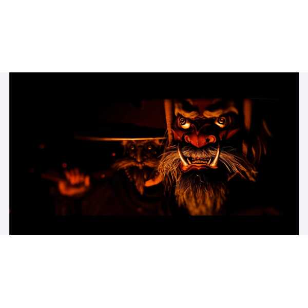Traditional Japanese demon mask from Ghost of Yotei scene at Gameware.