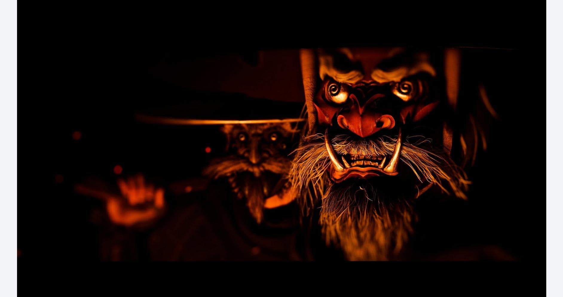 Traditional Japanese demon mask from Ghost of Yotei scene at Gameware.