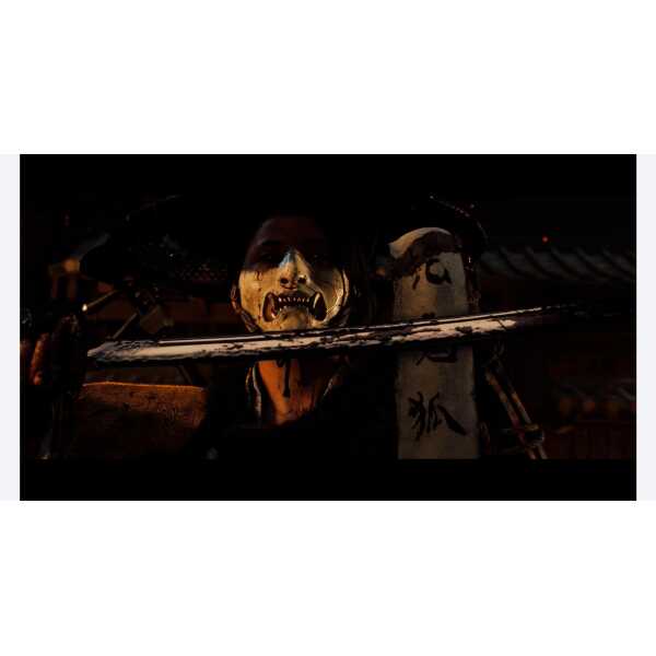 Eerie ghost figure with skull face and traditional Japanese elements at night.