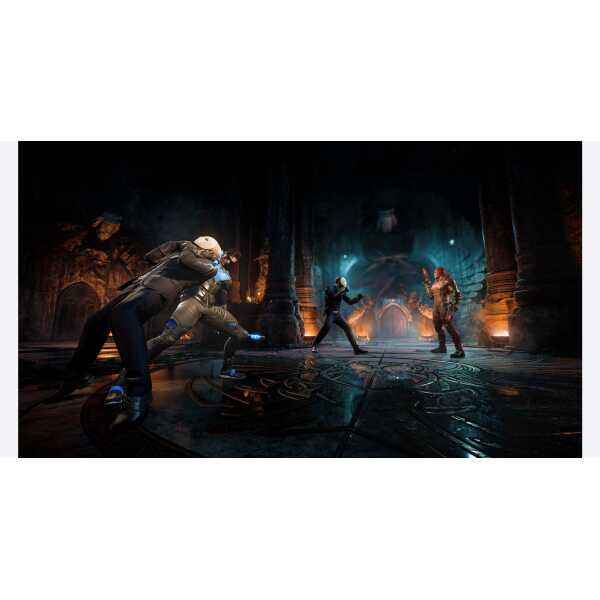 A game scene featuring characters engaged in a battle within a dark, mystical environment.