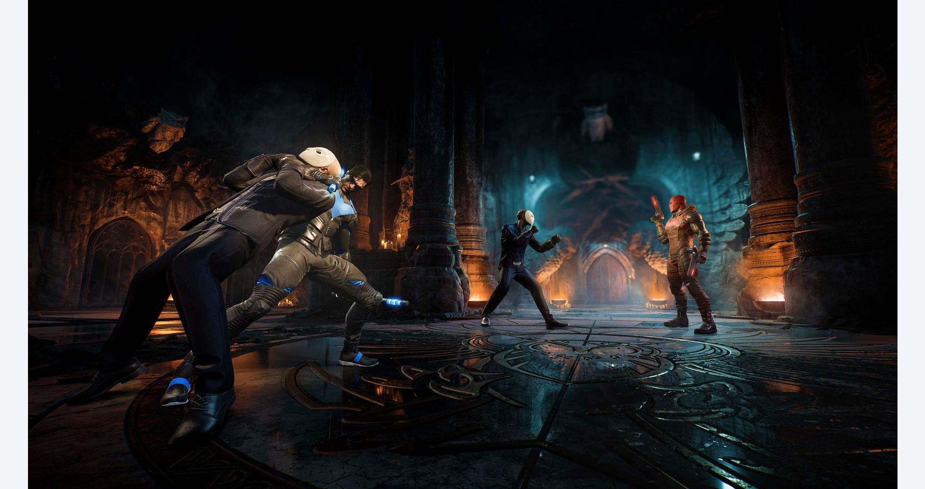 A game scene featuring characters engaged in a battle within a dark, mystical environment.