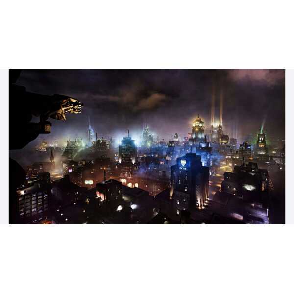 A futuristic city skyline at night with illuminated skyscrapers and flying vehicles.