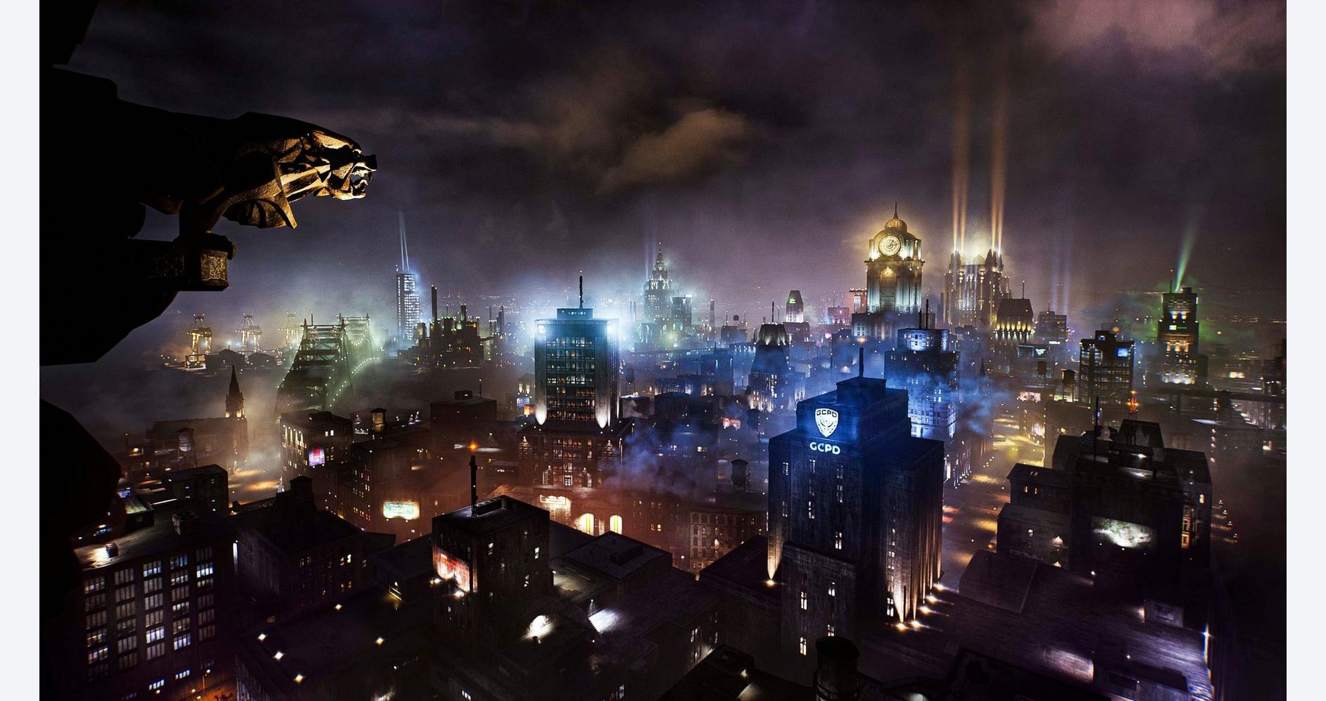 A futuristic city skyline at night with illuminated skyscrapers and flying vehicles.