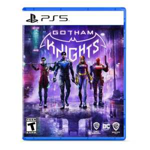 Gotham Knights PS5 game cover with four heroes in a neon-lit cityscape.