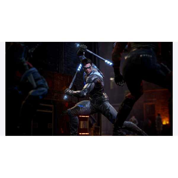 A game character wielding a large axe in a dark, intense combat scene.