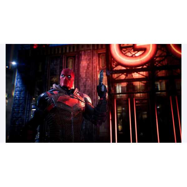 High-tech superhero in a futuristic city with neon lights and a red glowing sign.