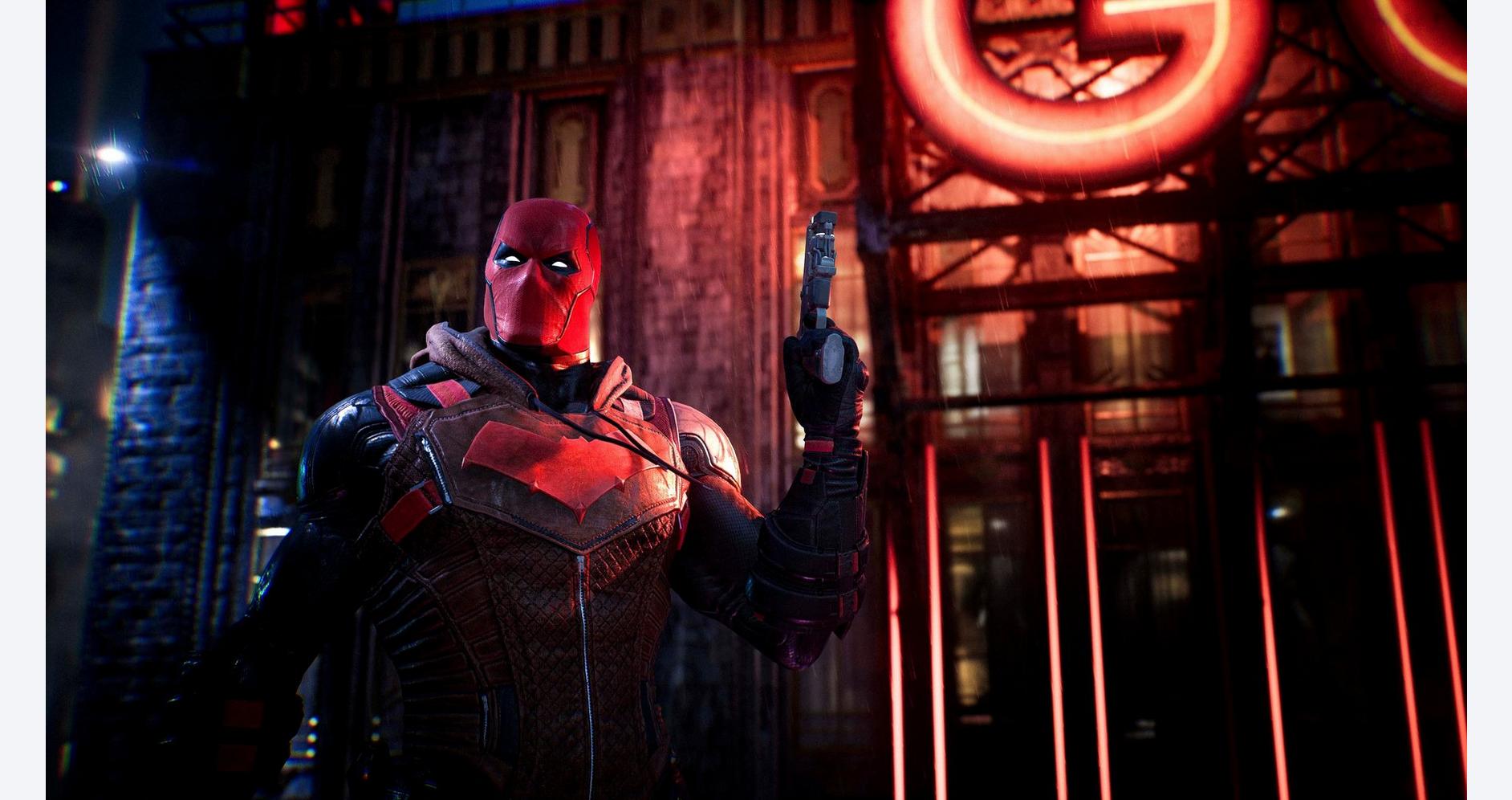High-tech superhero in a futuristic city with neon lights and a red glowing sign.