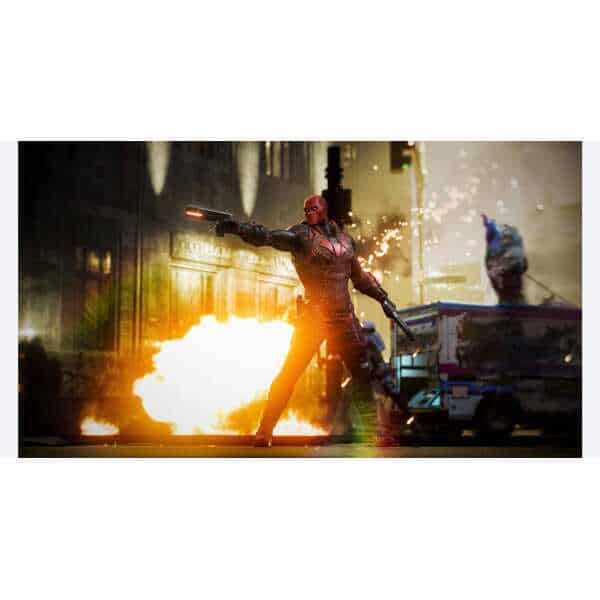 Action-packed scene from a video game with a character shooting in a city at night.