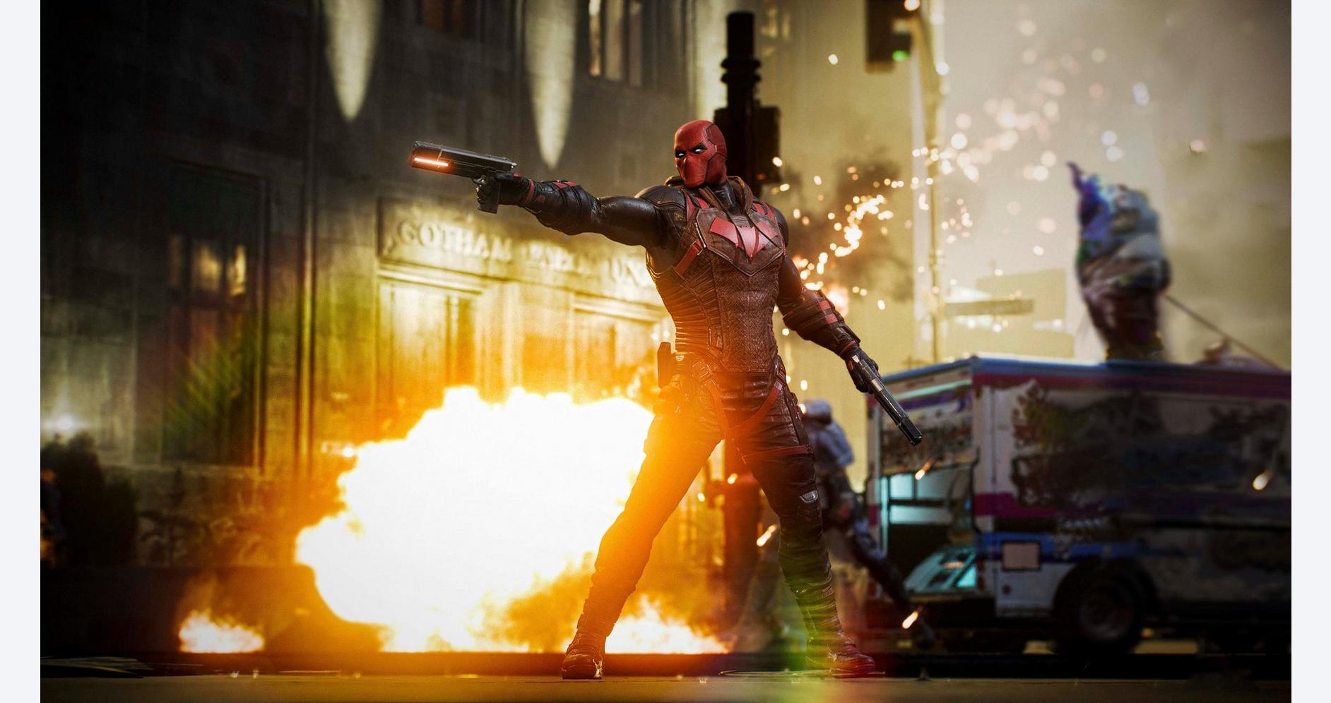 Action-packed scene from a video game with a character shooting in a city at night.