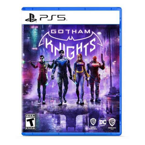 Gotham Knights PS5 game cover with four heroes in a neon-lit cityscape.