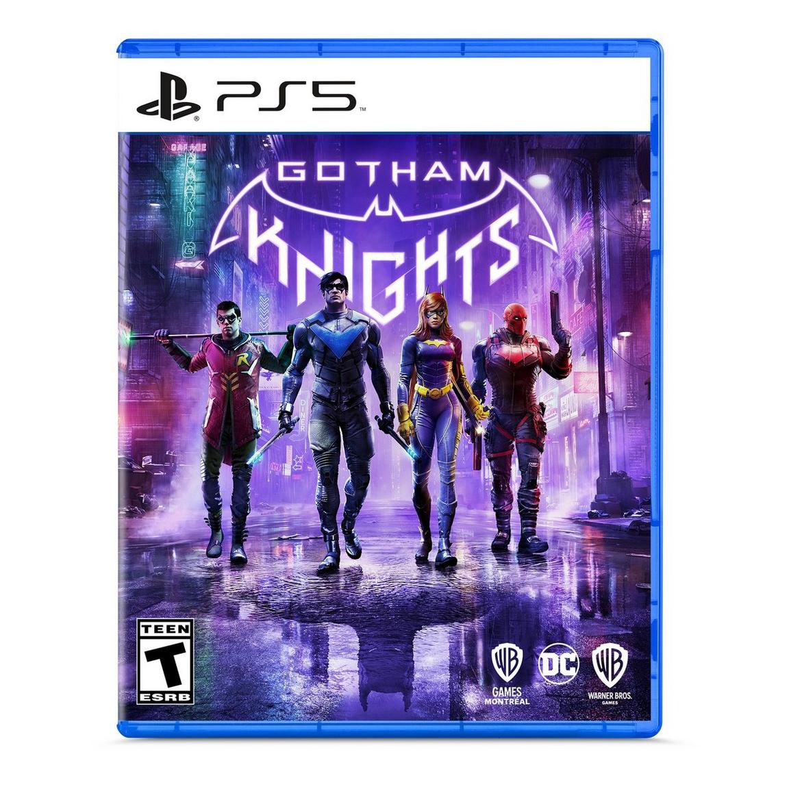 Gotham Knights PS5 game cover with four heroes in a neon-lit cityscape.