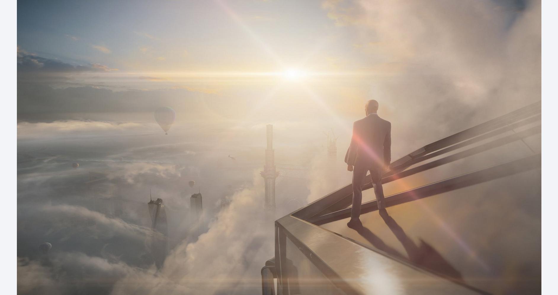 A man standing on a glass ledge overlooking a city skyline at sunrise, symbolizing ambition and succ.