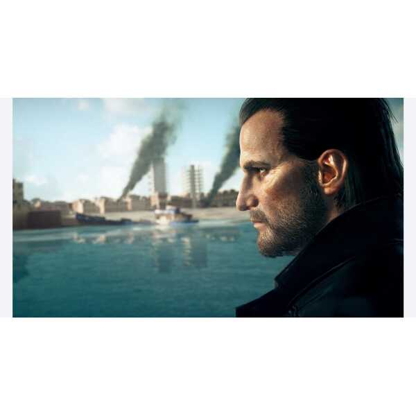 A man with a serious expression overlooking a city skyline with smoke rising from industrial buildin.