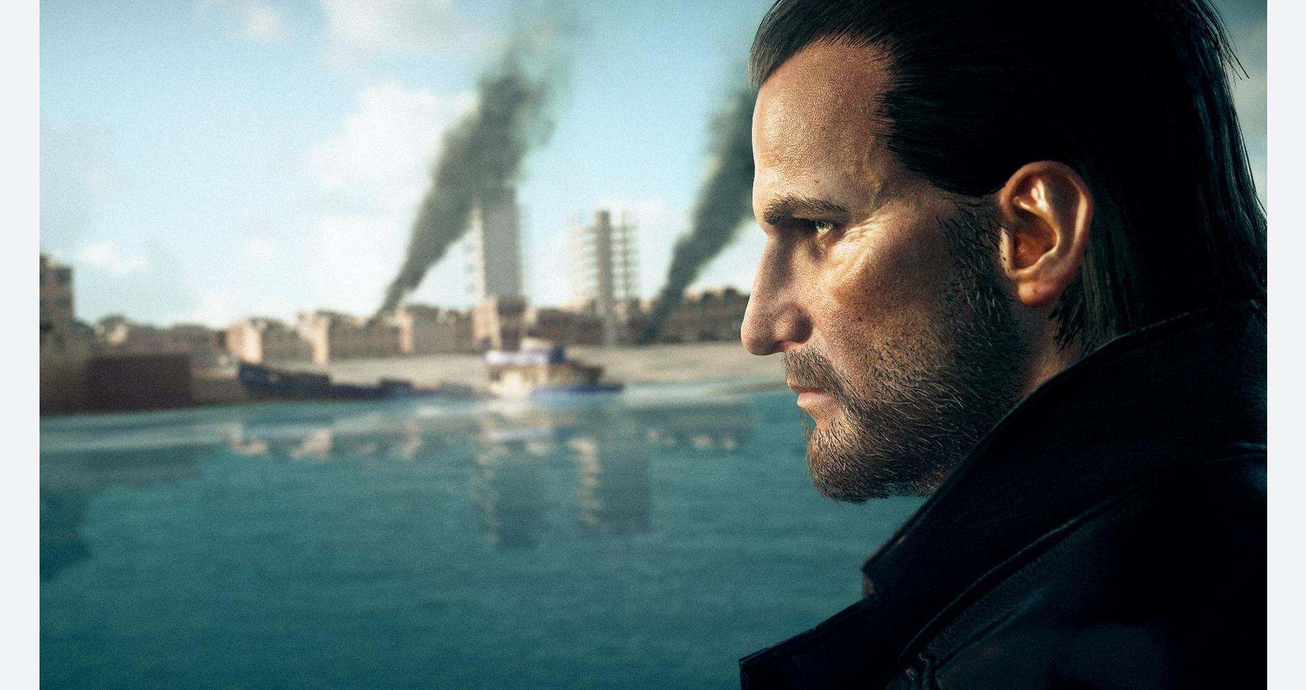 A man with a serious expression overlooking a city skyline with smoke rising from industrial buildin.