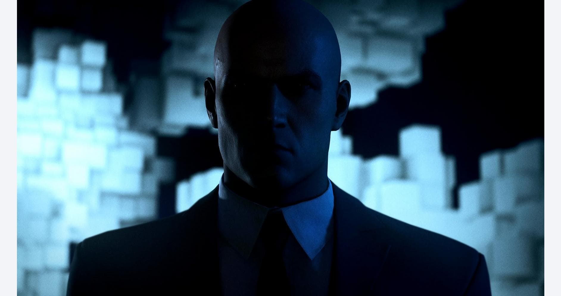 High-tech futuristic digital environment with a mysterious silhouette of a man in a suit.