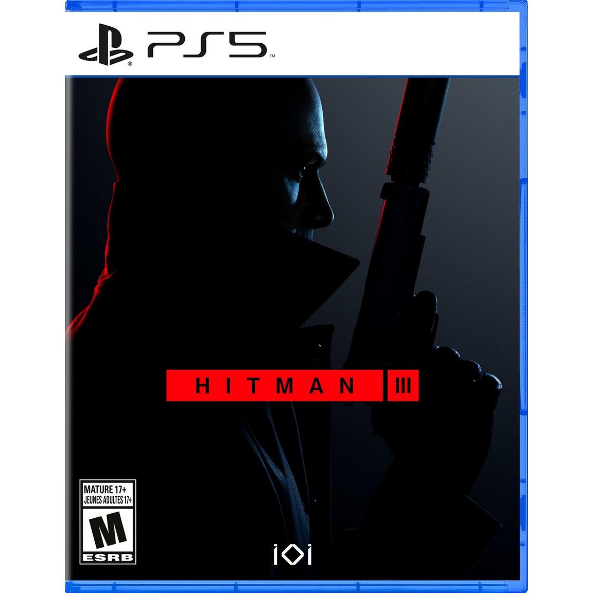 Stealthy silhouette of a character holding a gun for the Hitman III PS5 game cover.