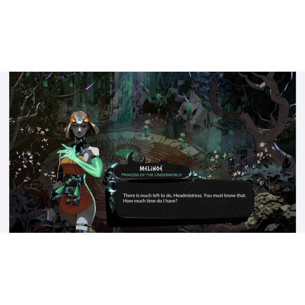 Character from Hades II game in a dark forest setting.