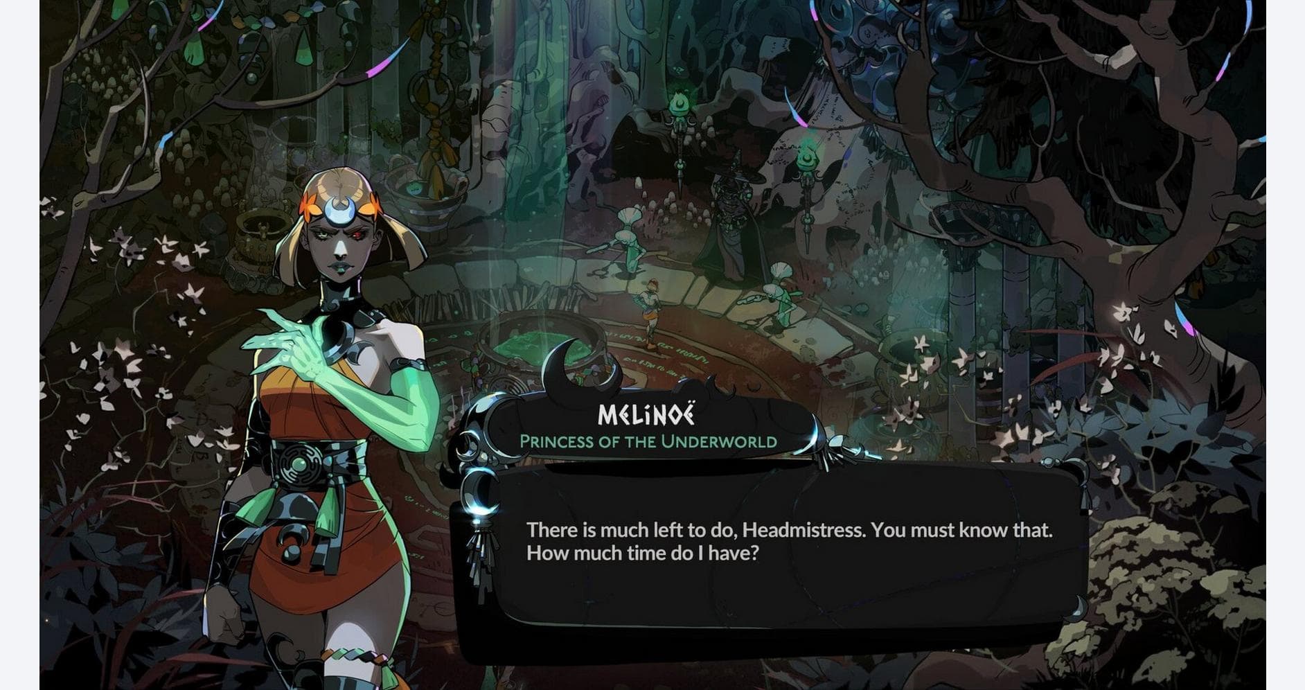 Character from Hades II game in a dark forest setting.