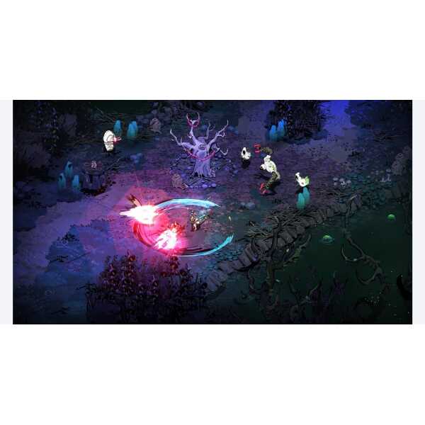 Action-packed scene from Hades II showing characters battling in a dark forest.