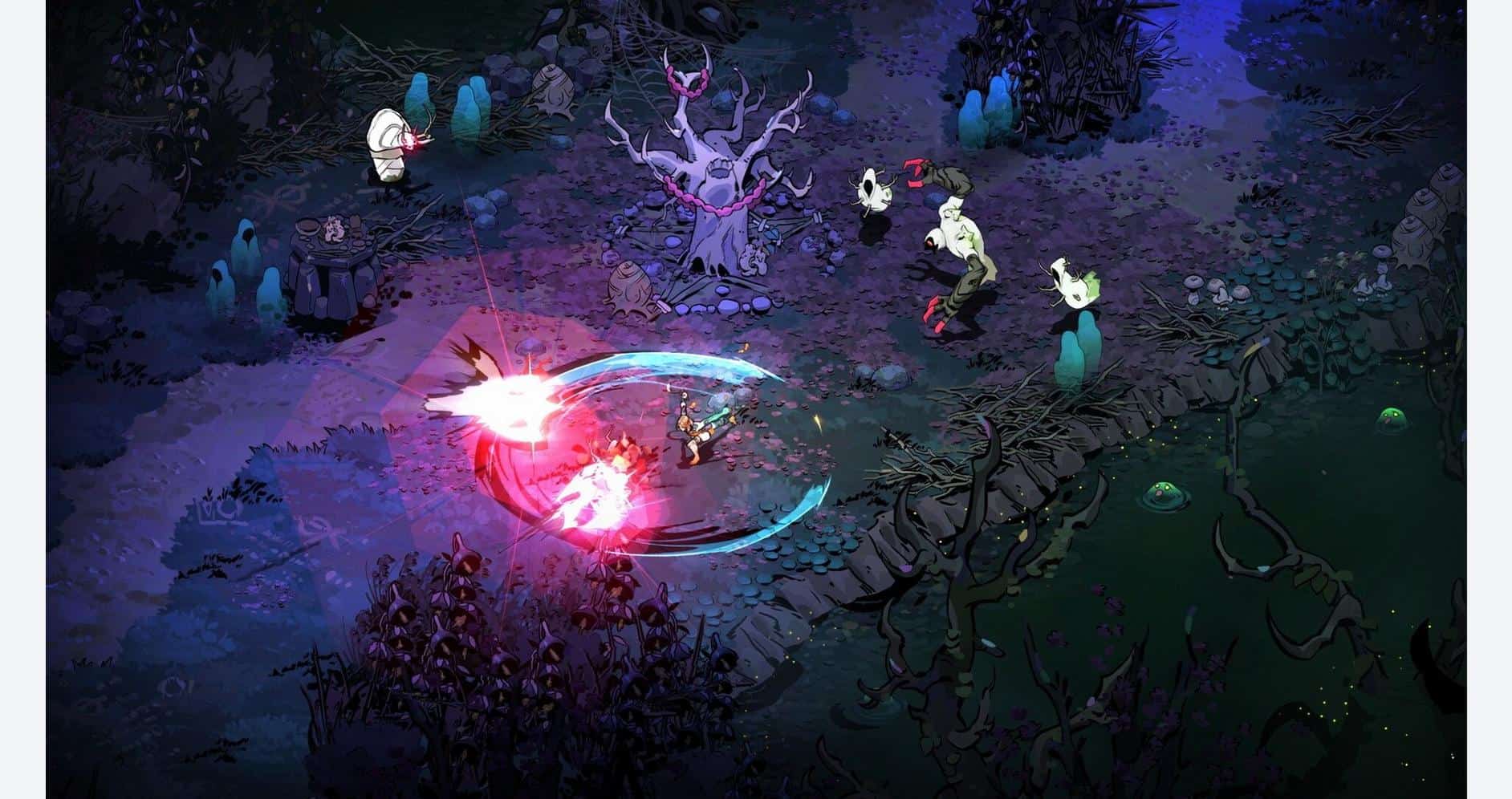 Action-packed scene from Hades II showing characters battling in a dark forest.