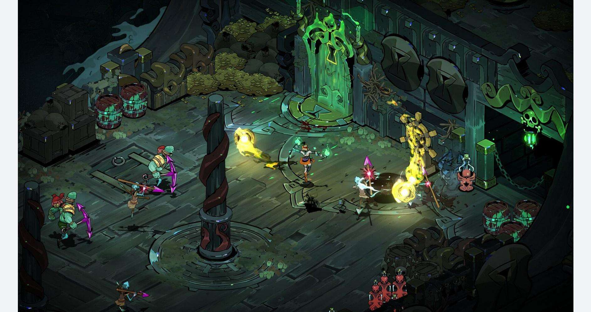 Dynamic scene from Hades II showcasing characters battling in a dark, mystical environment.