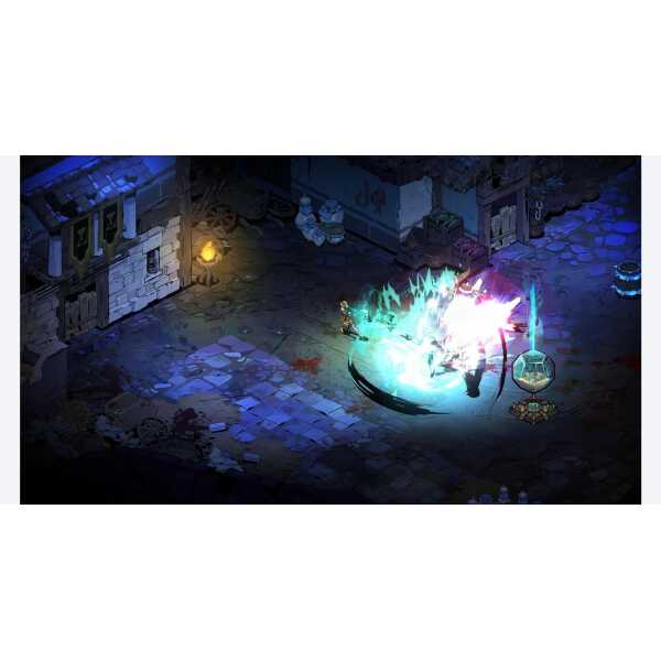 Intense battle scene from Hades II with magical effects and dark dungeon setting.