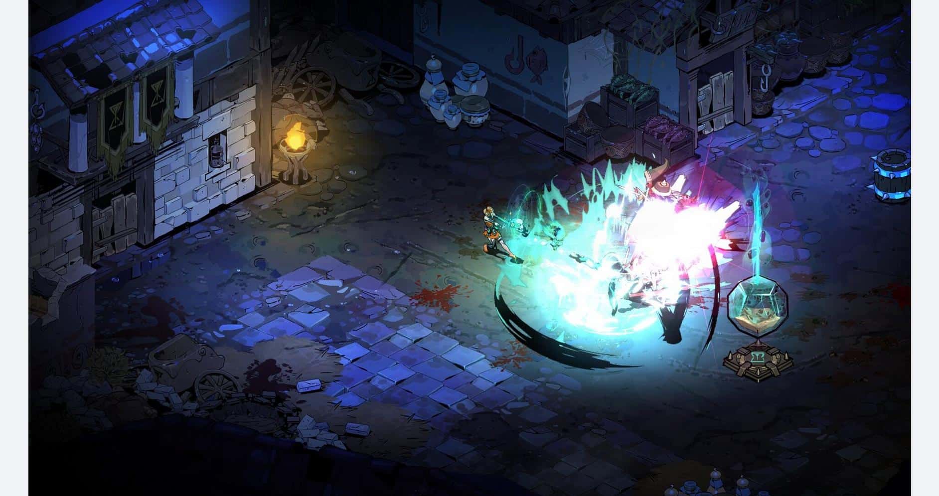 Intense battle scene from Hades II with magical effects and dark dungeon setting.