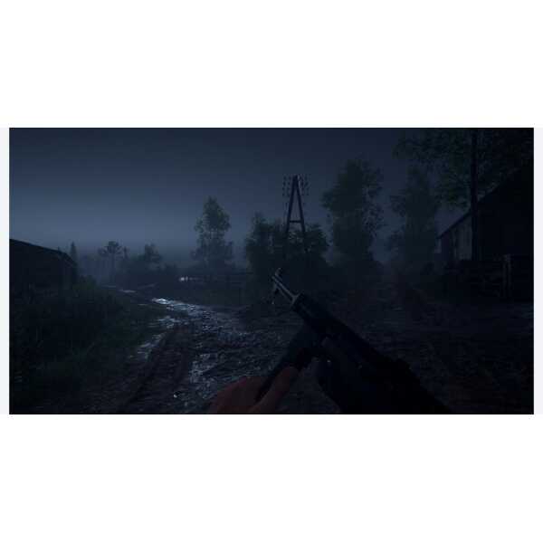 Dark rural landscape with a rifle, foggy atmosphere, and trees at night.