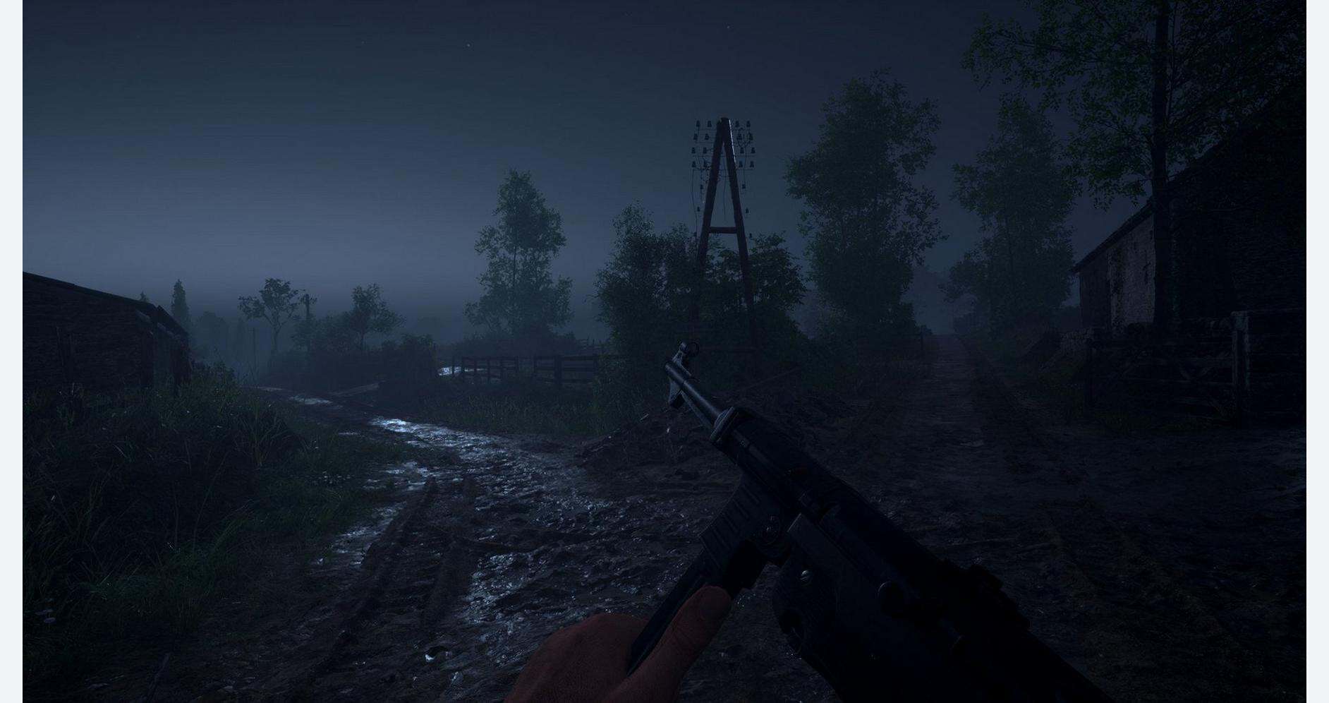 Dark rural landscape with a rifle, foggy atmosphere, and trees at night.