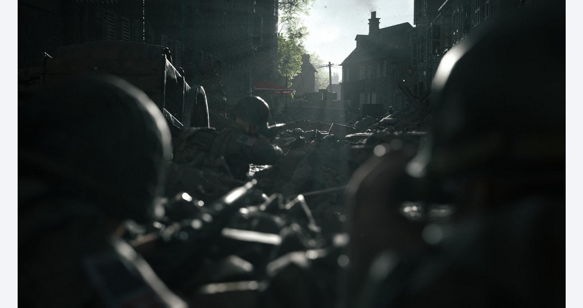 High-intensity military combat scene with soldiers in urban warfare environment.