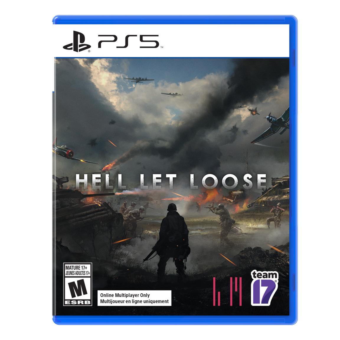 Explosive war game cover for PlayStation 5 titled "Hell Let Loose" with soldiers and tanks in combat.