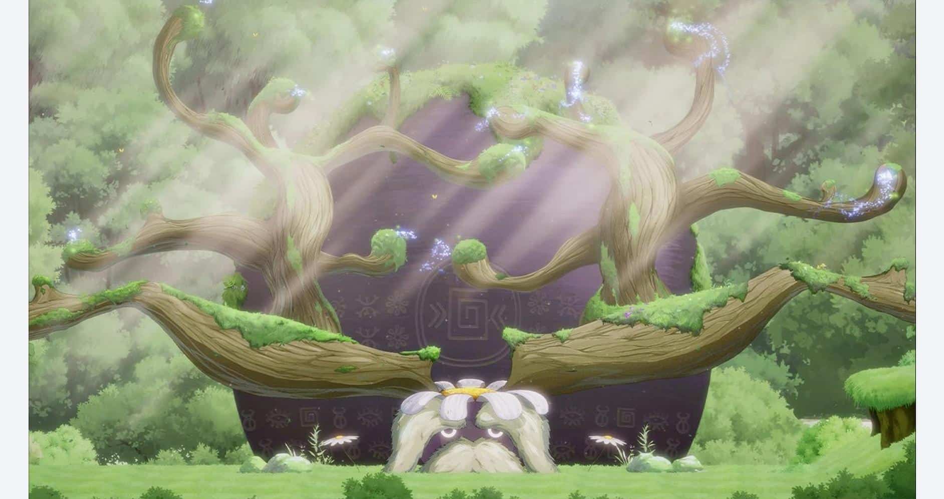 Enchanted forest with mystical glowing trees and ancient stone structure in a fantasy game setting.