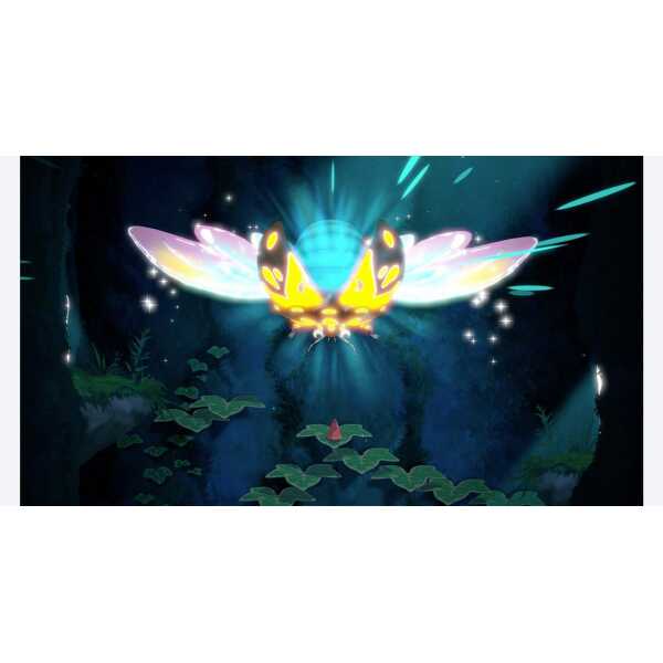 A lush, mystical forest scene featuring a glowing, fairy-like creature with luminous wings and vibra.